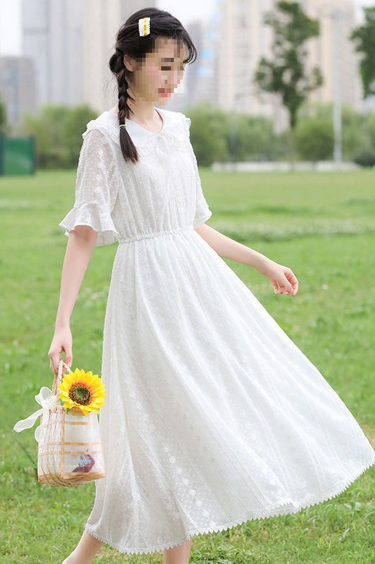 夏季少女白色雪纺连衣裙小清新初中学生高中文艺温柔仙女过膝长裙