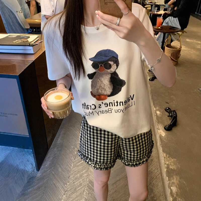 2025 New 7A Antibacterial Antarctic Leader Penguin Print Short-Sleeved T-Shirt Women's Summer Loose White Casual Top