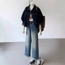 白枕鹤深蓝色复古工装牛仔外套女春秋休闲口袋设计感小个子短款上