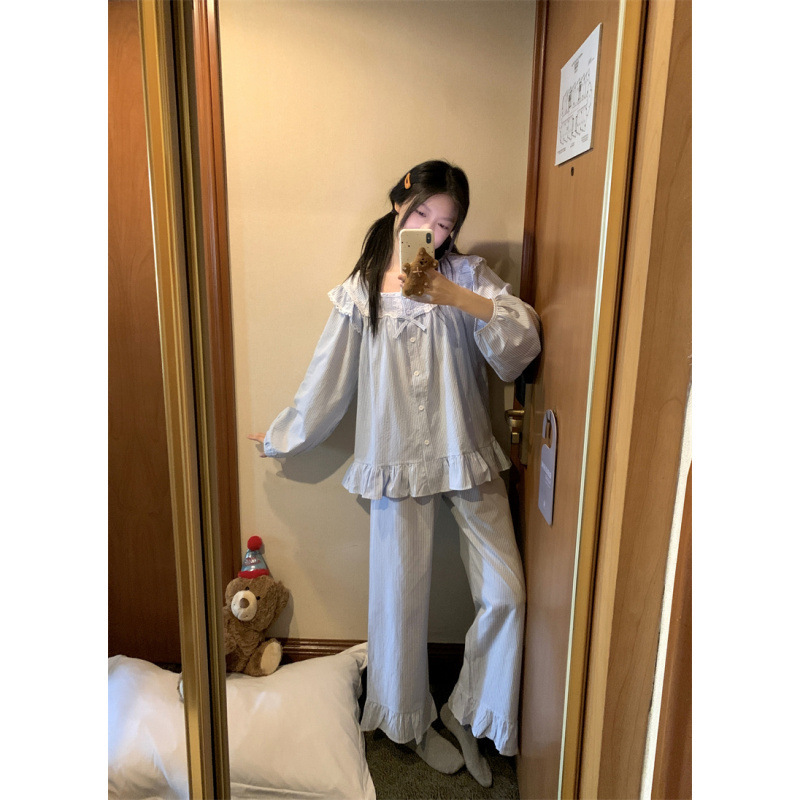 韩国ins女士新韩系条纹简约舒适花边睡衣套装休闲宽松慵懒家居服|undefined