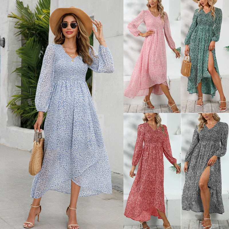 European and American Amazon cross-border summer and floor dress casual bohemian flower V-neck beach length dress women