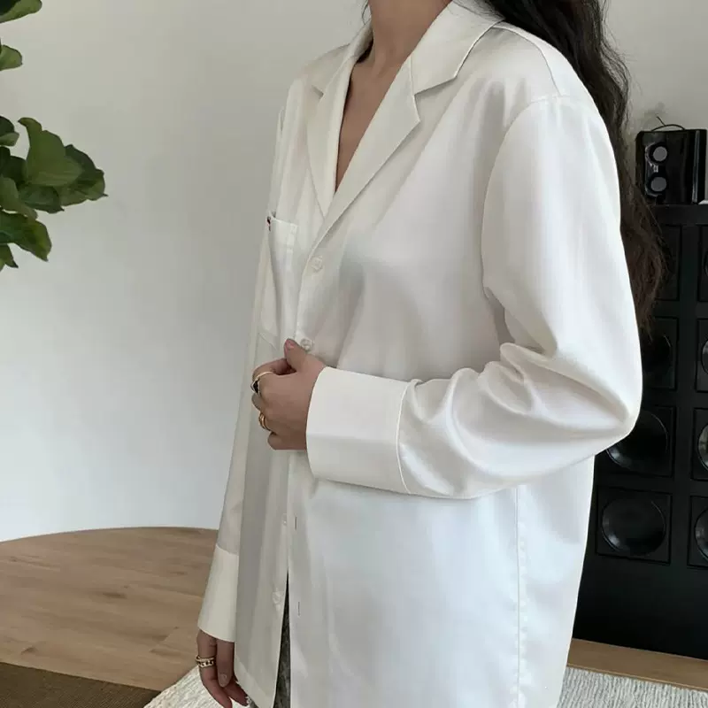 缎面西装领宽松衬衫垂感长袖气质白衬衫春夏时尚百搭气质通勤女装