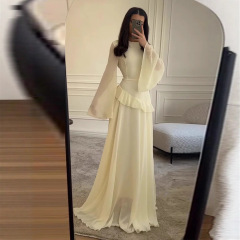 欧美跨境2025新款褶皱长裙女装修身o型领收腰晚礼服时尚连衣裙