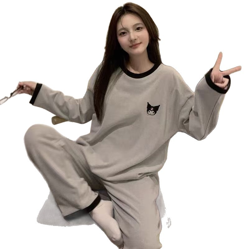 Color contrastante de cuello redondo de terciopelo conjunto de pijamas de mujer primavera y otoño pantalones largos de manga larga relajados de dibujos animados de invierno ropa casera bordada