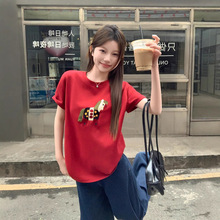 中款短袖t恤女2025夏季新款宽松减龄卡通毛巾绣百搭圆领半袖上衣