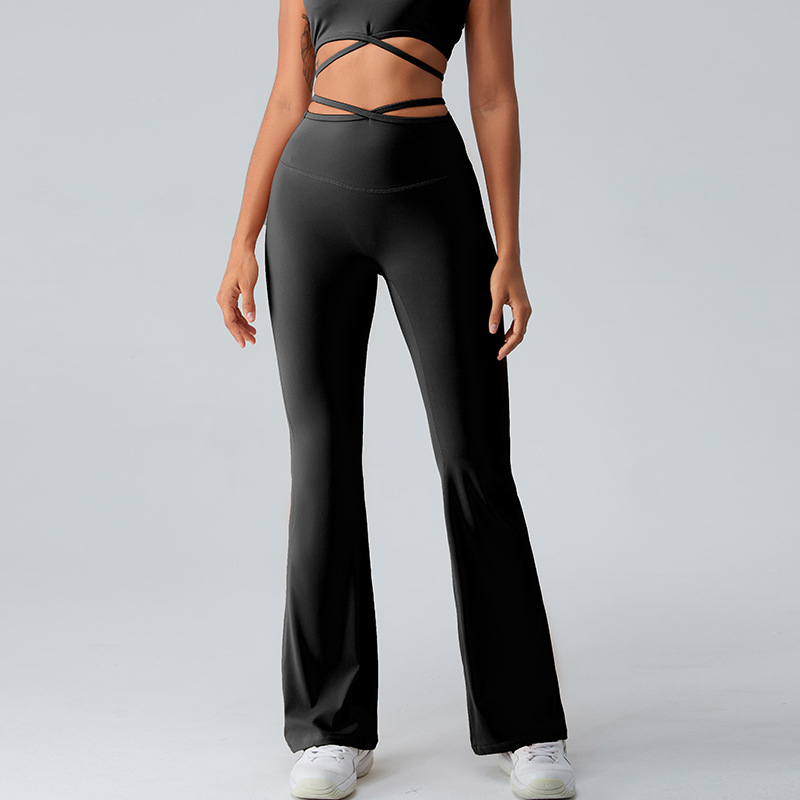 Cintura transfronteriza Correa delgada pantalones cruzados de yoga pantalones de pierna ancha de cintura alta desnuda de mujer corriendo deportes fitness ropa de yoga