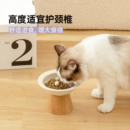 Ceramic large and small cat bowl pet bowl tall leg anti-tip cat food bowl dog bowl slanted mouth neck protection water grass hat bowl