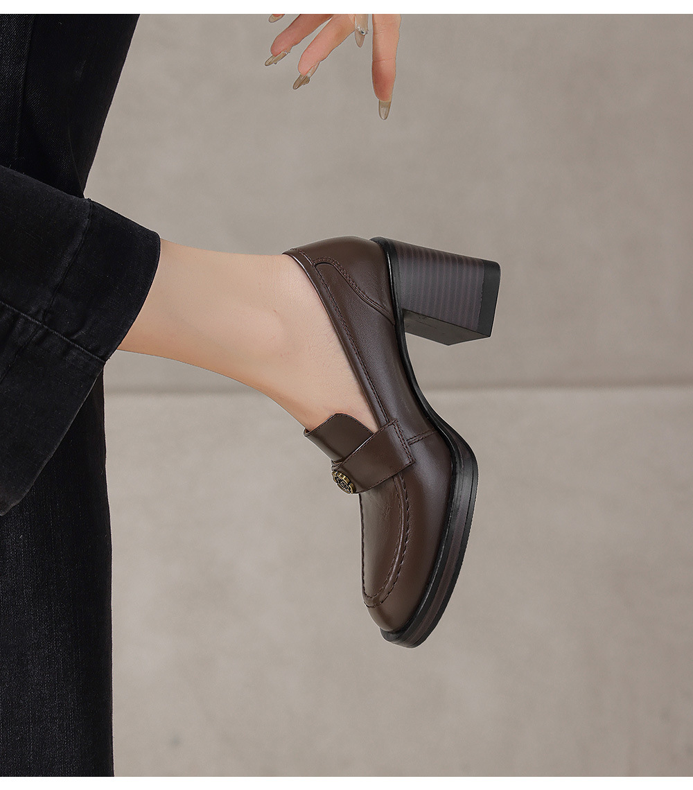 Giày loafer nữ cao gót phong cách Anh quốc vintage, da bò thật gót vuông — màu nâu chi tiết 22