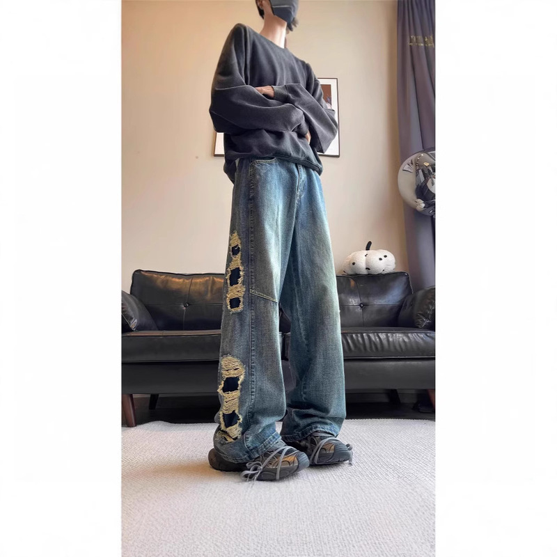2024 Autumn High Waist Washed Side Big Ripped Wide Legs Handsome Skinny Look Old-looking Jeans 2024 Autumn High Waist Washed Side Big Ripped Wide Legs Handsome Skinny Look Old-looking Jeans