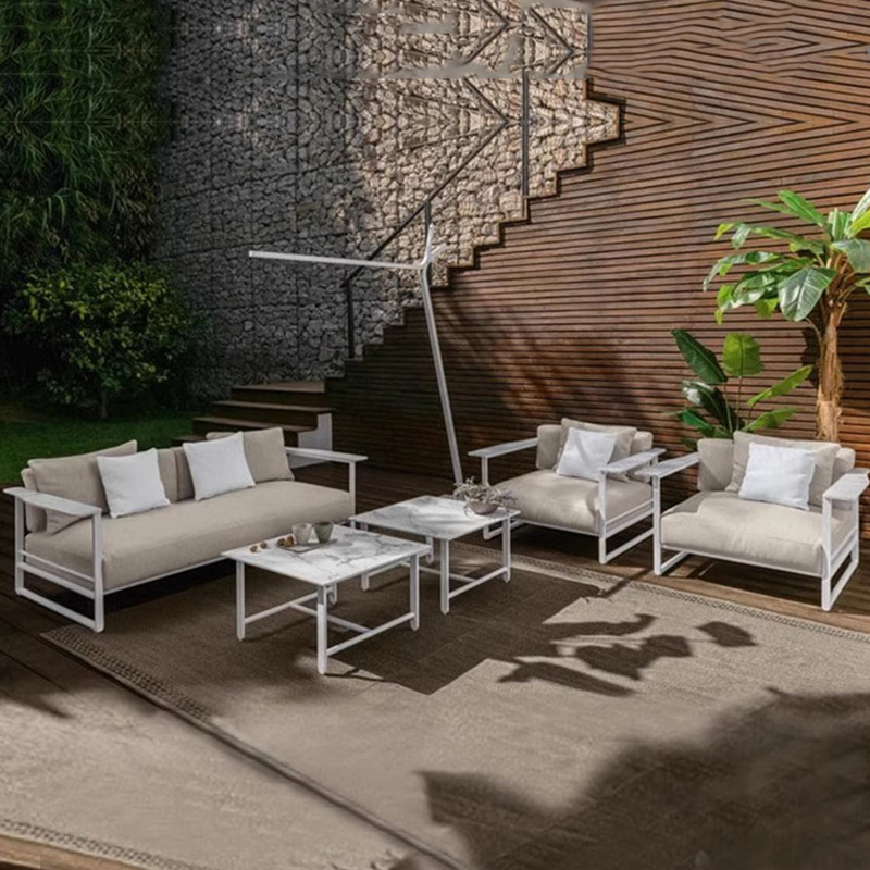 Sofá de acero inoxidable al aire libre, impermeable y protector solar, villa minimalista moderna, jardín de ocio, combinación de muebles de aleación de aluminio