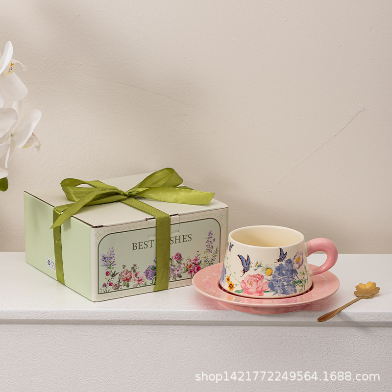 レトロ油絵コーヒーカップ皿セット陶磁器マグカップ小衆カップルカップ蝶コーヒーカップ皿ギフトボックス|undefined