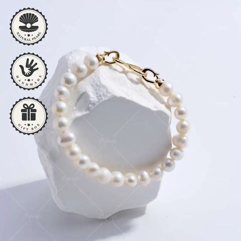 Mysoya White Freshwater Pearl Bracelet 7-8mm with Gold Infinity Clasp, Gift Box C42