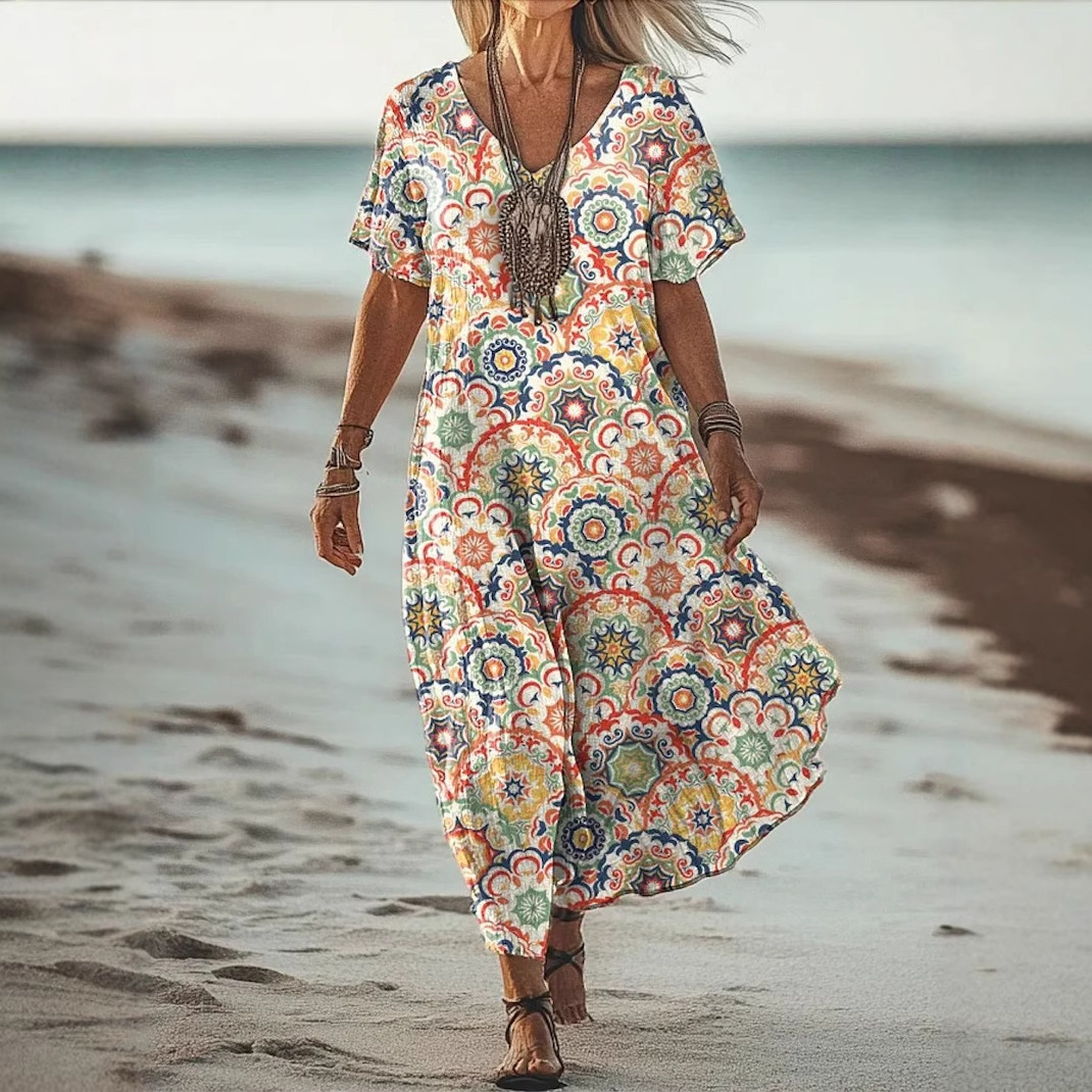 Creative Floral Women's Summer V-Neck Short Sleeve Dress Midi Skirt_ecoleips.com