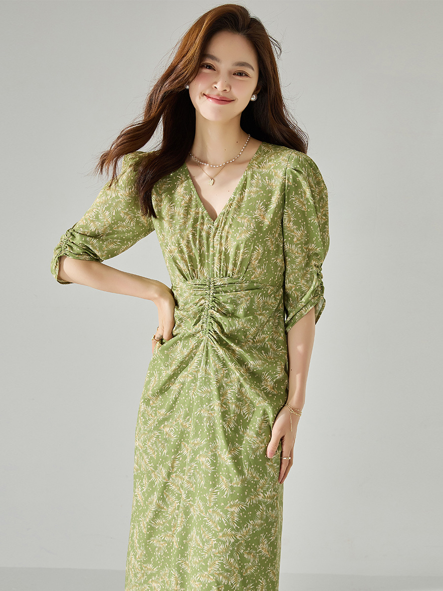 Clearance New Style French V-Neck Puff Sleeve Waist-Cinching Elastic Ruched Rose Print Long Dress 22298