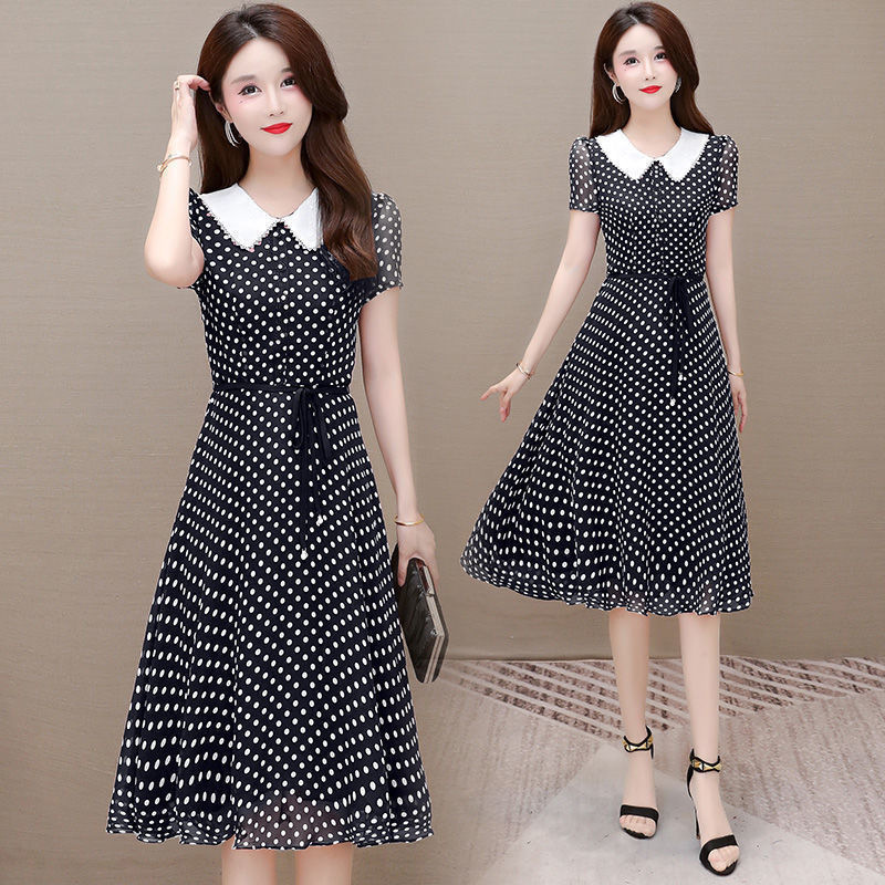 Summer New Temperament Chiffon Dress Doll Collar Waist Lace-Up Mid-Length Skirt Age-Reducing Belly-Covering Plus Size Dress