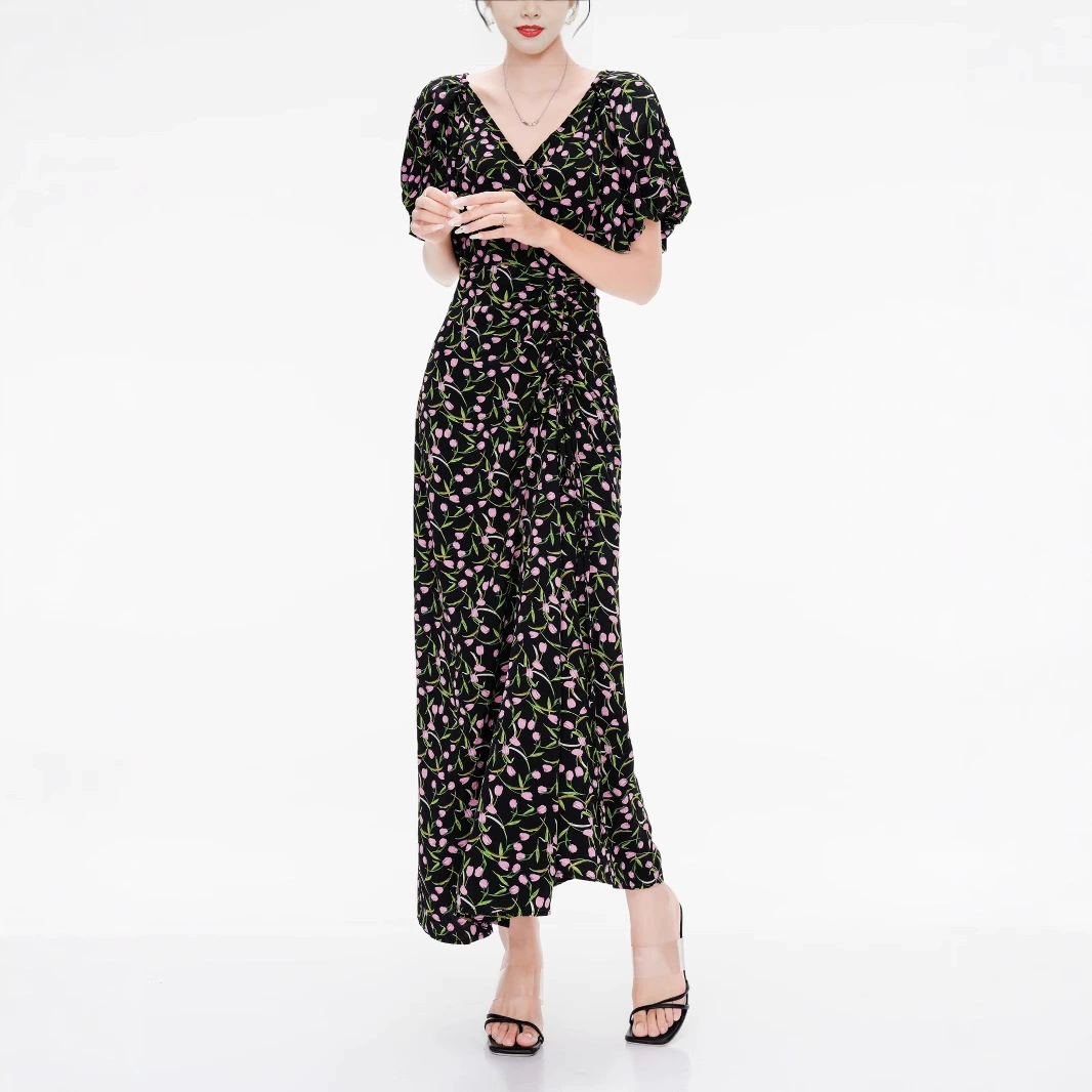 [Спот] Летнее пухлое платье мм с короткими рукавами большой размер женская длинная V-образная гигантская тонкая цветочная юбка 5118