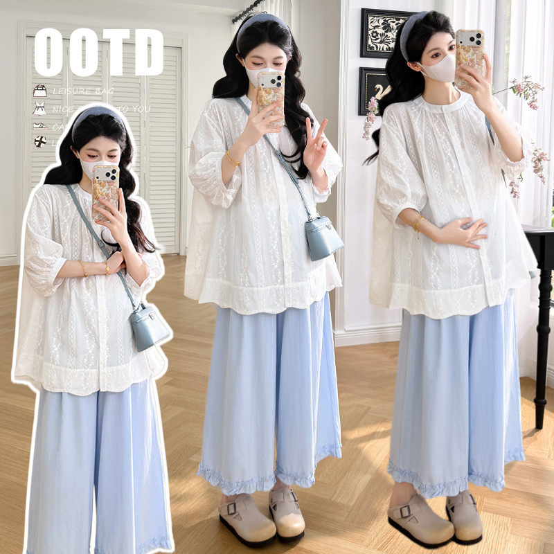 2026 Summer New Cotton and Linen Jacquard Embroidery Maternity Shirt + Blue Lace Wide-Leg Pants Maternity Set 2026 Summer New Cotton and Linen Jacquard Embroidery Maternity Shirt + Blue Lace Wide-Leg Pants Maternity Set