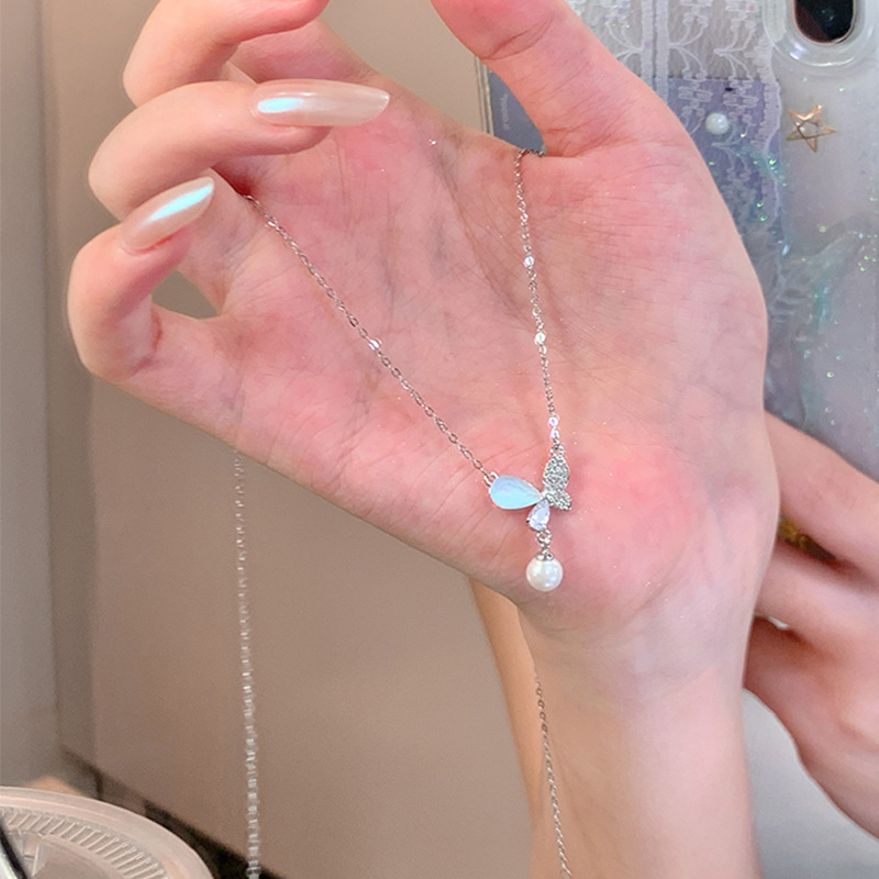 blue universal small necklace with butterfly from pearl