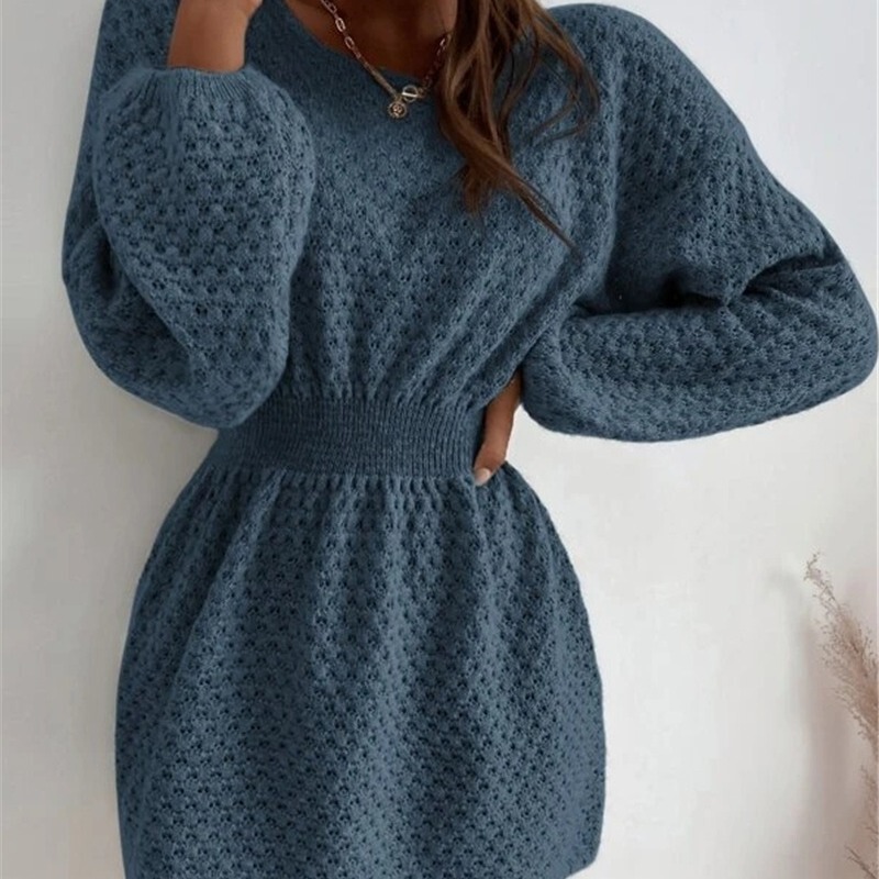 Amazon European and American cross-border AliExpress French loose round neck design tight waist sweater knitted dress Amazon European and American cross-border AliExpress French loose round neck design tight waist sweater knitted dress
