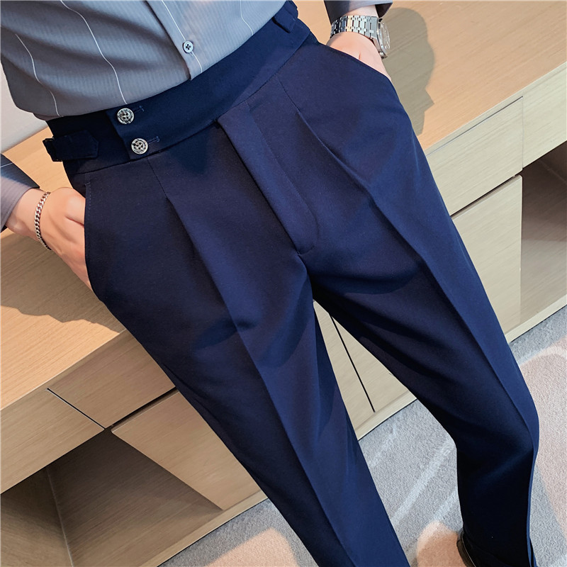 Pantalones de traje de los hombres naples italianos pantalones de cintura alta pantalones de los hombres de otoño e invierno teñido de hilo oscuro a rayas de calidad pantalones casuales