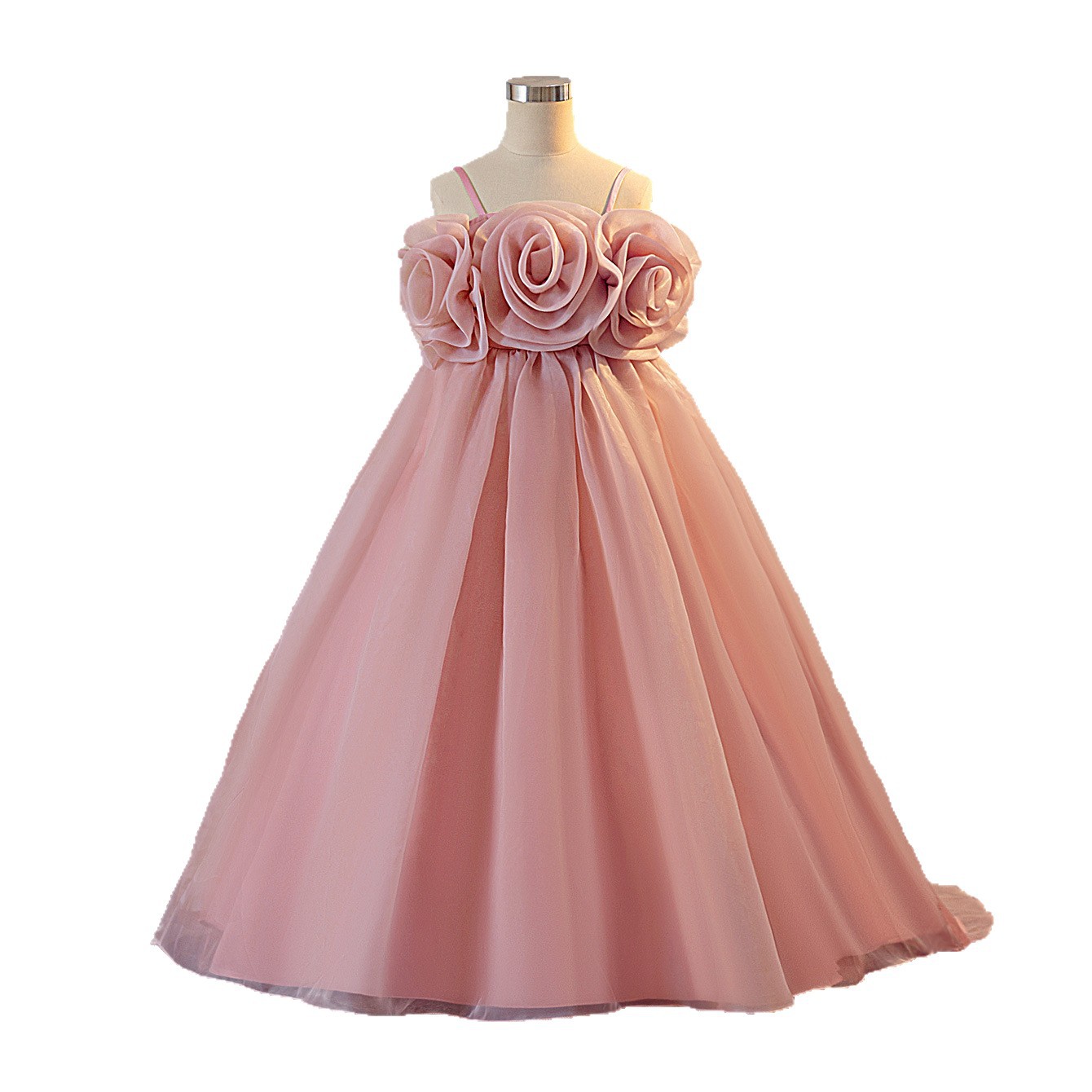 Vestido de niña rosa lindo de verano europeo y americano transfronterizo, vestido de malla de cabestrillo de flores de bebé femenino, vestido de princesa