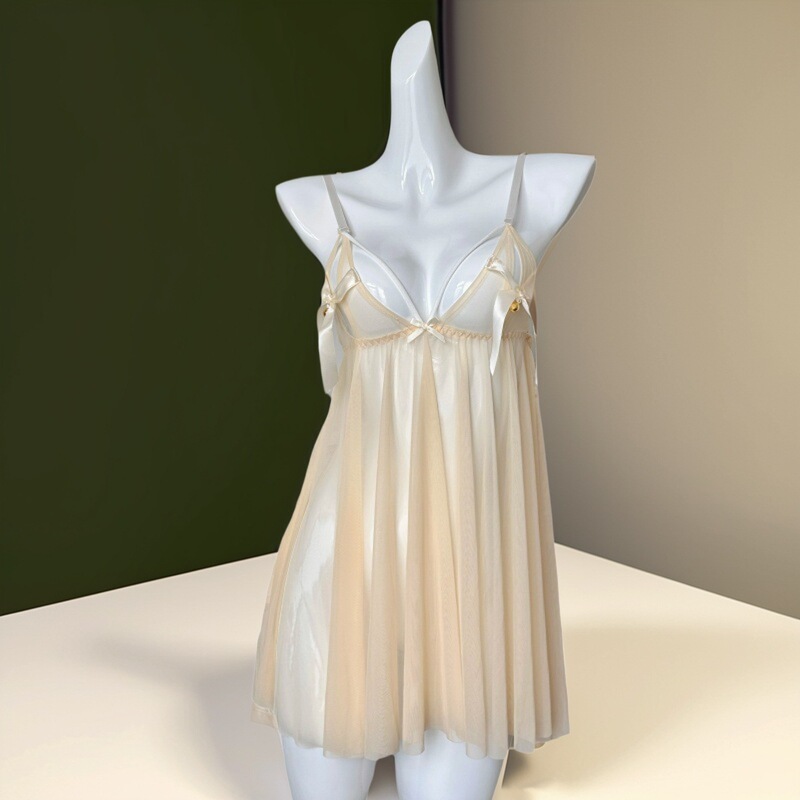Sexy Lingerie Sexy with Bell Suspender Nightgown Bow Light Yellow Mesh Nightgown Pure Lust Style Home Wear for Women