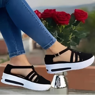 Cross-border foreign trade independent station 2023 new European and American casual women's shoes wedge heel round head hollow shoes spot