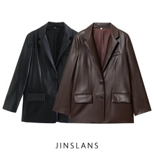 跨境外贸批发ZA欧美风女装新款 洋气直筒皮革效果西装外套1255760