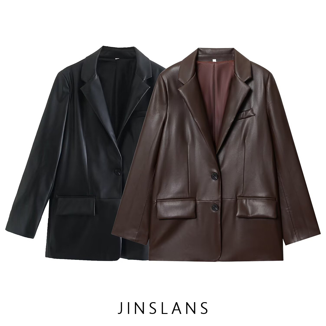 跨境外贸批发ZA欧美风女装新款 洋气直筒皮革效果西装外套1255760