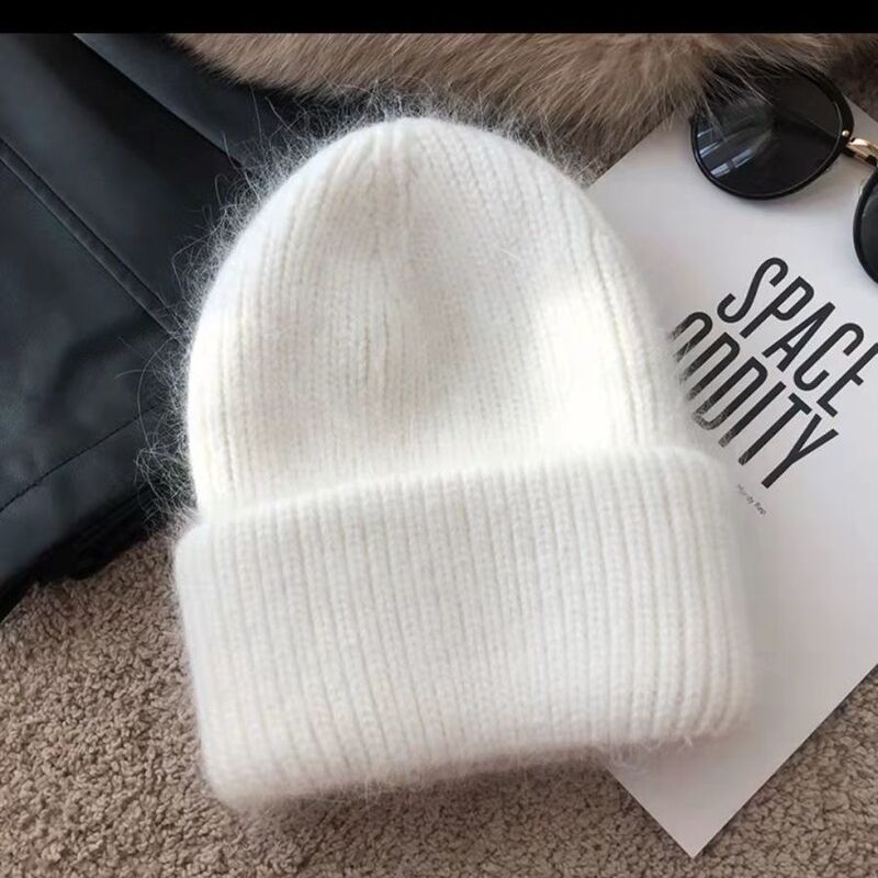 2025 New Rabbit Fur Knitted Hat Korean Style Fashionable Versatile Thickened Warm Outdoor Skiing Ear Protection Hat White Fleece-Lined