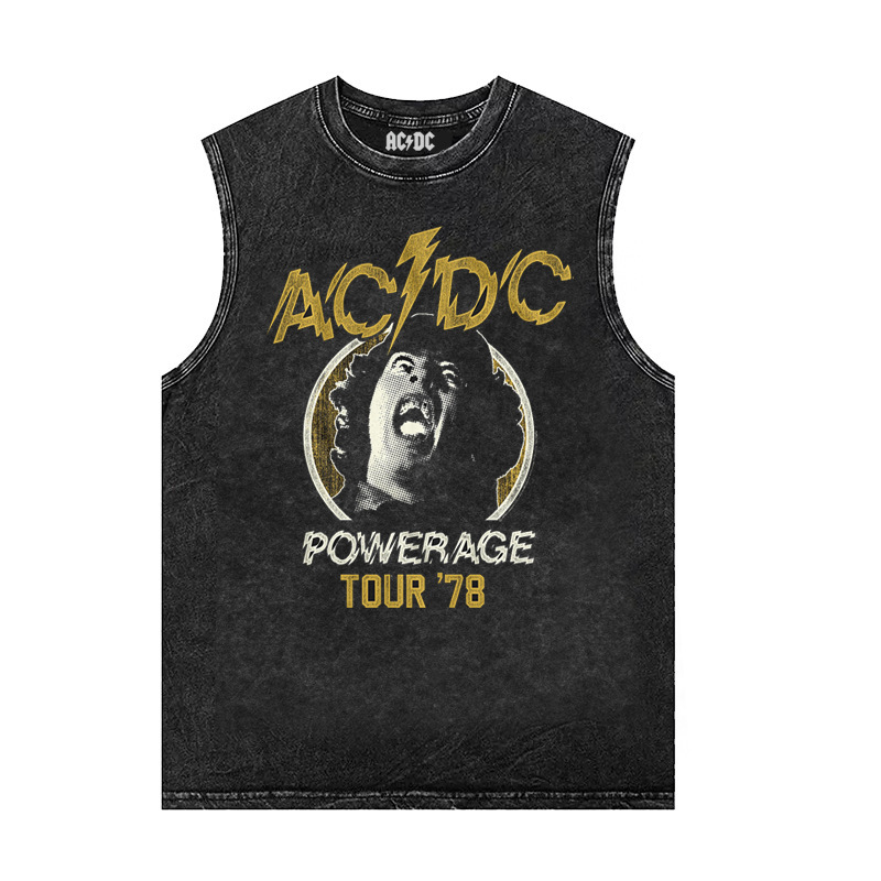 ACDC band rock punk American retro distressed washed waxed street loose summer new sleeveless T-shirt
