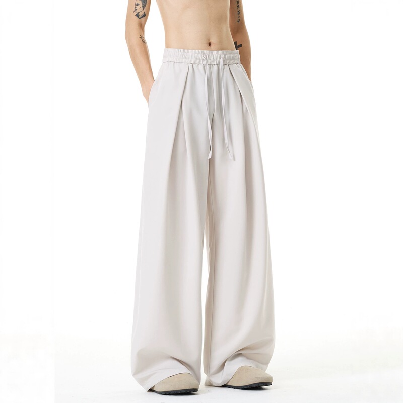 Old Money Style Gray Pleated Men's Summer Thin Trousers with a High-End Feel, Loose Straight Cut, Drapey, Relaxed Wide-Leg Casual Long Pants