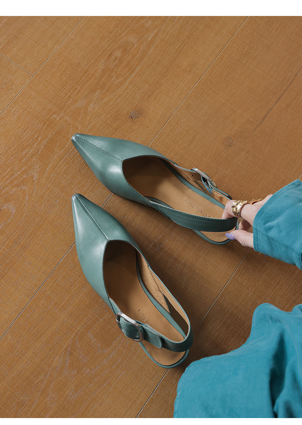 Giày sandal nữ mũi nhọn quai ngang gót thấp phong cách Hàn Quốc — màu nâu chi tiết 8