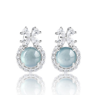 Natural A goods jade blue water egg surface earrings ice jade stone S925 silver inlaid fashion high-end women's earrings wholesale