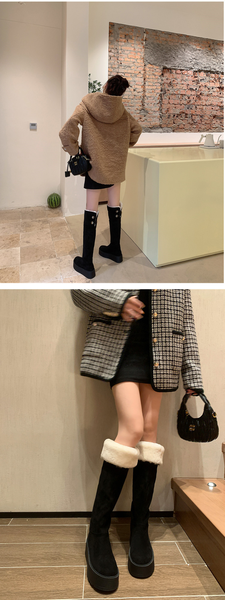 Boot nữ cổ cao lông cừu ấm áp đế dày tăng chiều cao — màu đen chi tiết 17