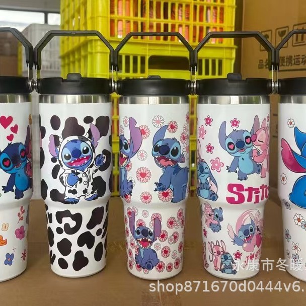 Nuevo 30oz taza de coche patrón de dibujos animados de gran capacidad de acero inoxidable termo de vacío taza de alta apariencia portátil mango de hielo