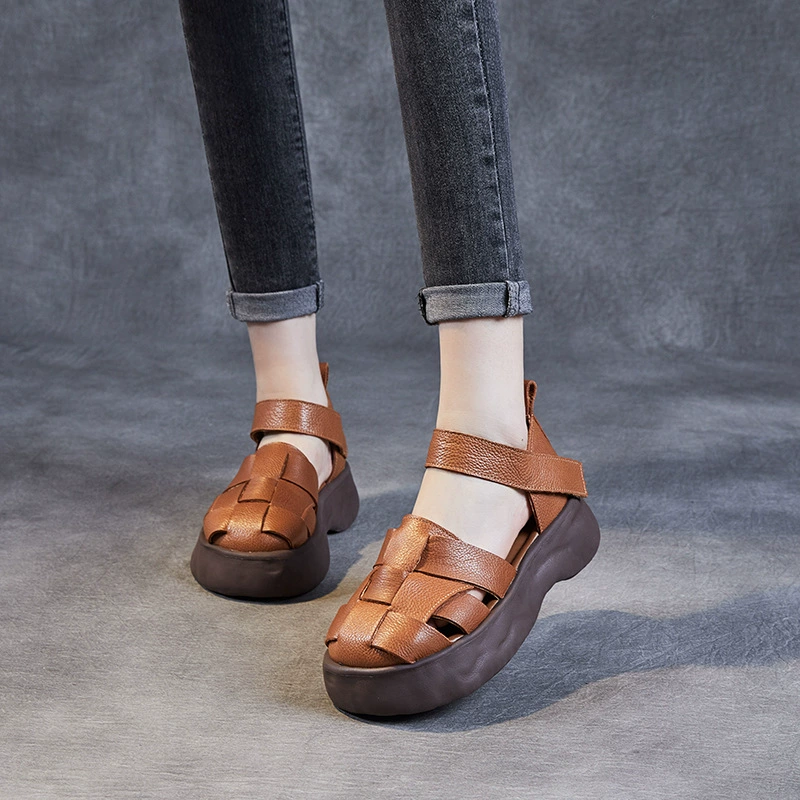Summer leather sandals platform, woven slide, genuine slippers, beach footwear, cowhide