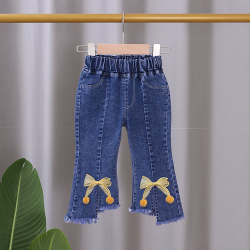 Girls jeans 2024 new spring and autumn children's clothing baby girl stretch trousers children's pants bow flared pants