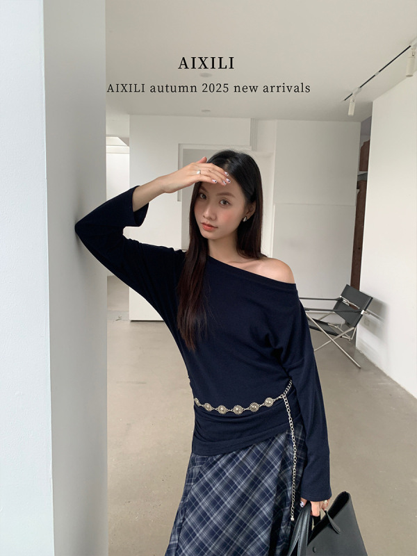 爱西里2025秋简约风高级斜肩不规则下摆设计褶皱显瘦针织衫15292|undefined