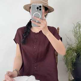 花社2026夏季新款亚麻无袖小衫女文艺简约花边领衬衫开衫百搭纯色