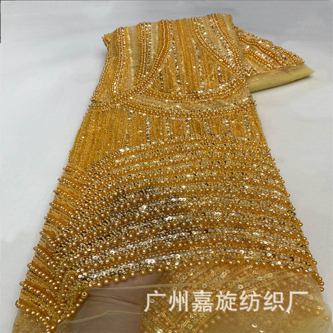 Tela de encaje africana de alta gama con cuentas pesadas, lentejuelas de cristal y bordados para vestido de novia, tela de moda. image 9