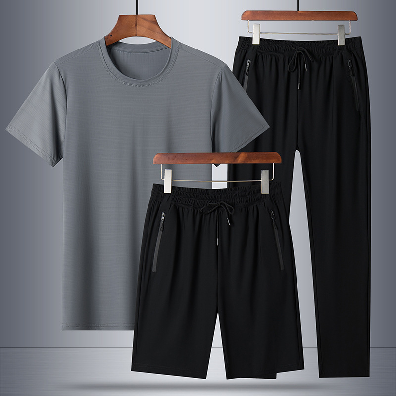 Trajes deportivos transfronterizos de color sólido para hombres verano nuevo gran tamaño de hielo pantalones cortos de secado rápido de tres piezas de comercio exterior pantalones rectos