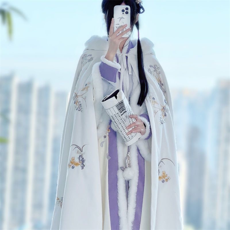 New Cape for Women, Hanfu Winter Warm Thick Heavy Embroidery with Fur Collar Hat, White and Red Shawl