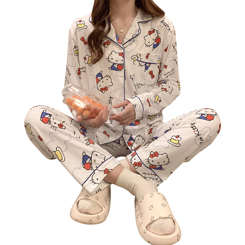 El comercio exterior de primavera y otoño pijamas algodón para las mujeres ins lindo dibujos animados solapa cardigan suelta delgada vestir prendas exteriores homewear