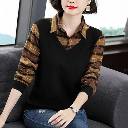 Fake two-piece long-sleeved T-shirt women's bottoming shirt patchwork top mother's wear versatile plaid shirt