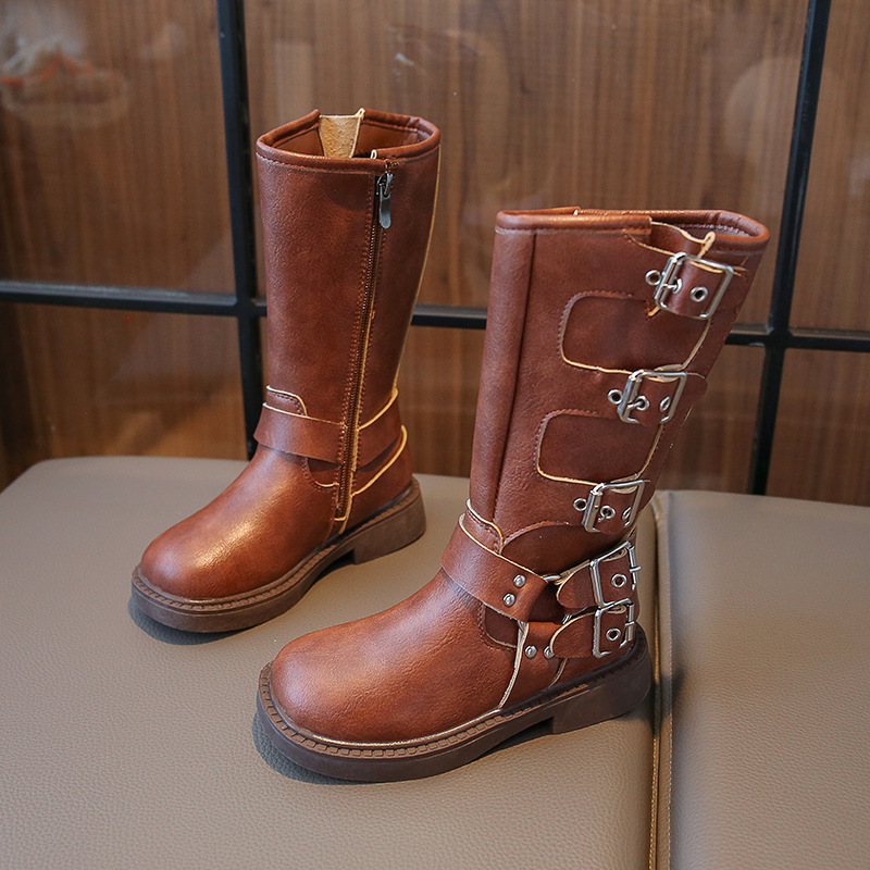 Bottes Martin montantes en cuir noires à fermeture éclair latérale pour filles et garçons de taille moyenne et grande, nouvelle collection automne 2024_voghion.com