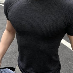 シームレスジャカード運動半袖夏速乾訓練フィットネス弾力アメリカ式丸襟上着純色tシャツ