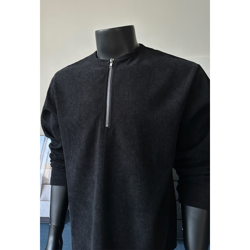 T-shirt con mezza zip in stile americano e colletto Henley per uomo e donna, in velluto a coste, ideale per primavera e autunno, modello Cleanfit a maniche lunghe._voghion.com
