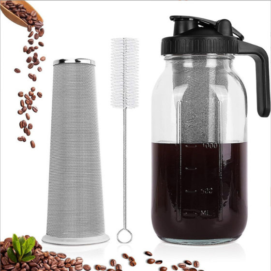 Cross-border Explosions Mason Pot Transparent Cold Kettle Glass with Handle Stainless Steel Tea Drain Scale Instead of Cross-border Label
