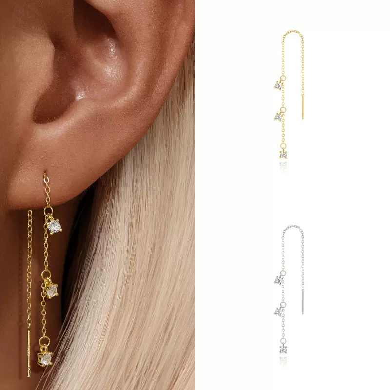 欧美跨境热销微镶钻流苏层次感链条耳线小众无耳塞设计感首饰